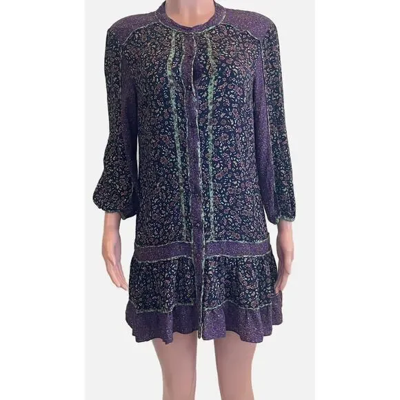 Veronica Beard Xanita Dress Womens 10 Multi Floral Mini Button Down Peasant Boho - Picture 3 of 16